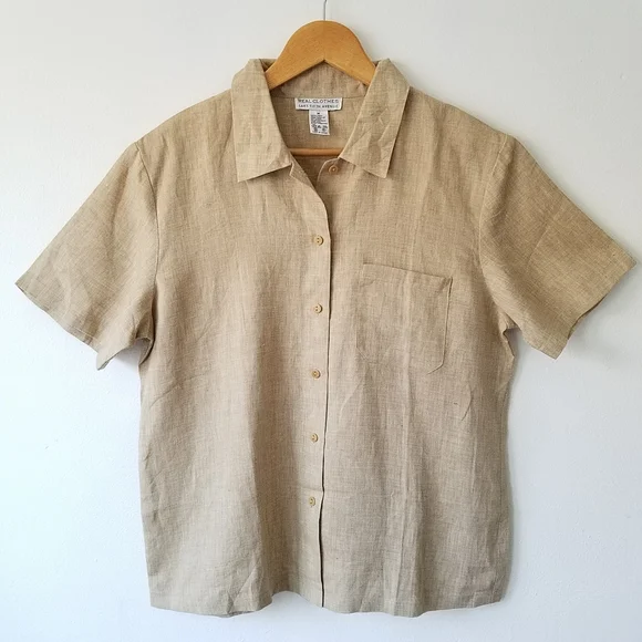 Vintage Real Clothes Saks Fith Avenue  100% Linen Beige Button Front Shirt  M - Picture 4 of 11